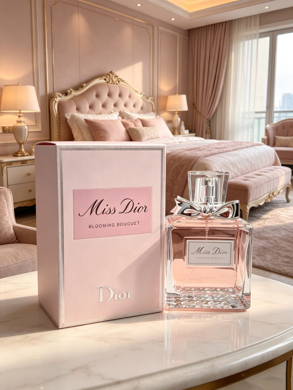 Famous Miss Dior Blooming Bouquet women perfume with soft peony & rose floral scent. Long-lasting gentle aroma, elegant pink bottle with gift box, ideal luxury present for women on all occasions.